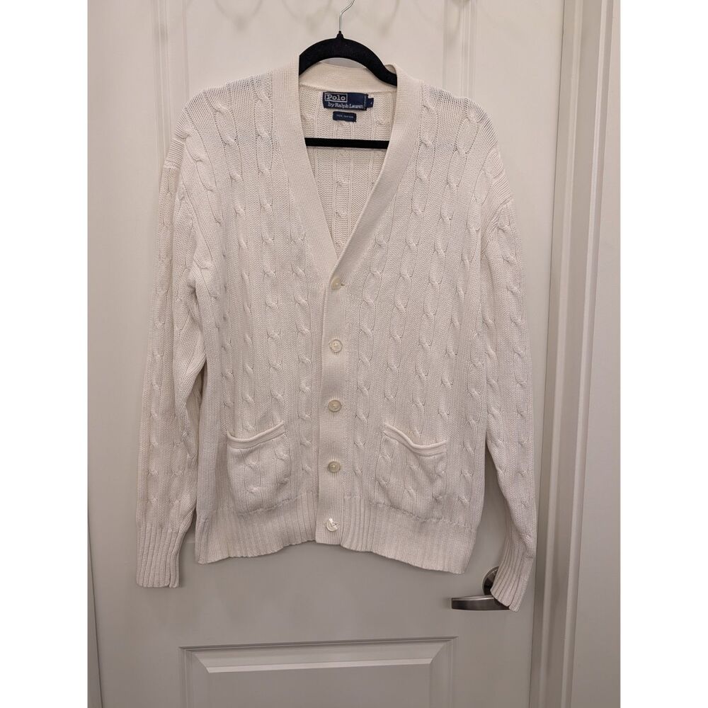 Polo By Ralph Lauren Men's XL Cream White Cable Knit Cotton Cardigan FLAW